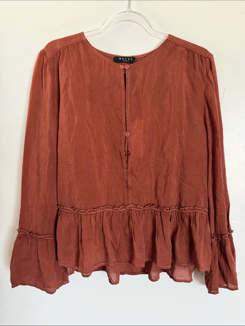 Maven West Rust Ruffle-Hem Button Blouse Lightweight Bohemian Top